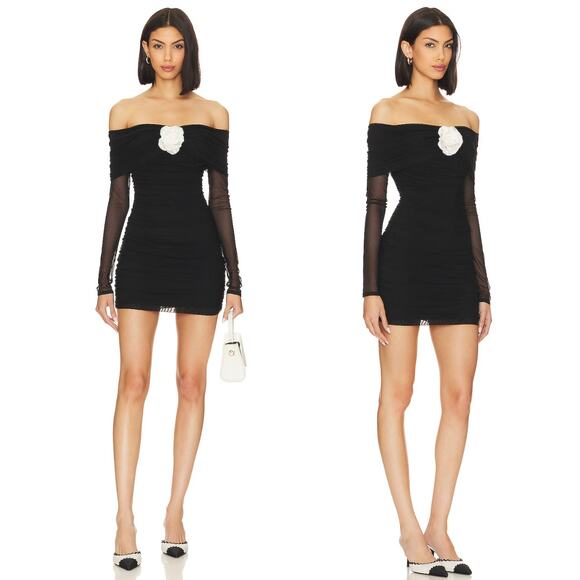 Amanda Uprichard Nellia Dress Black Ivory Rose Ruched Minidress Size M - Picture 1 of 7